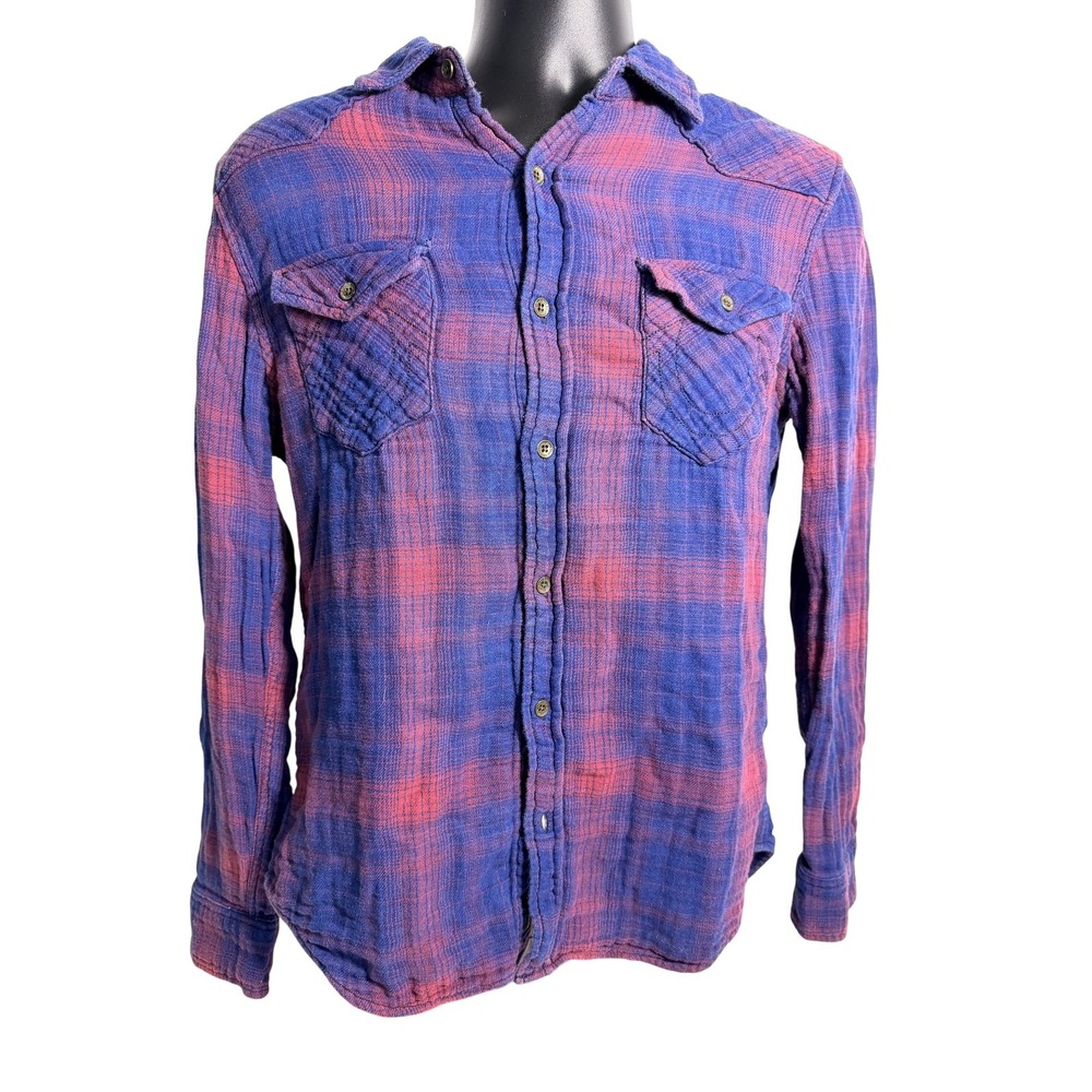 True Religion Shirt Mens Small Blue Red‎ Plaid Flannel Western Slim Long Sleeve